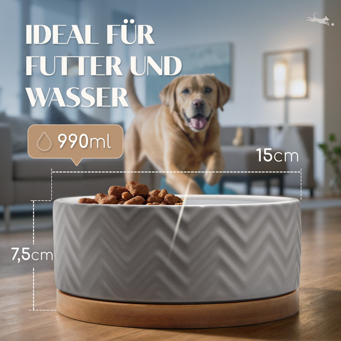 Hundenapf aus Keramik mit Bambus-Boden in grau - 990ml