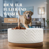 Hundenapf aus Keramik mit Bambus-Boden in weiss - 990ml