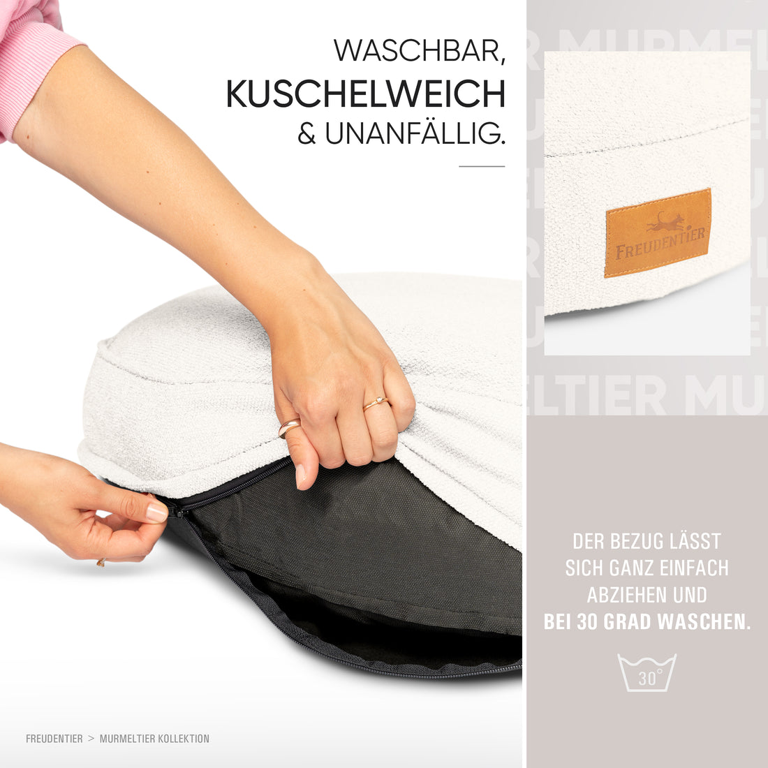 Rundes Orthopädisches Hundebett - Murmeltier in Cremeweiß