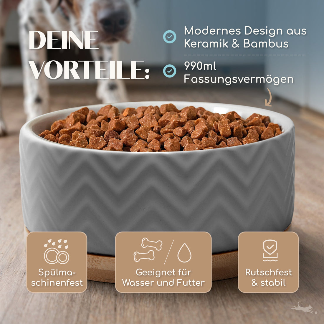 Hundenapf aus Keramik mit Bambus-Boden in grau - 990ml