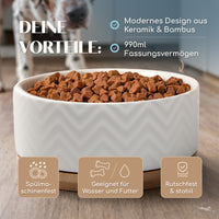 Hundenapf aus Keramik mit Bambus-Boden in weiss - 990ml