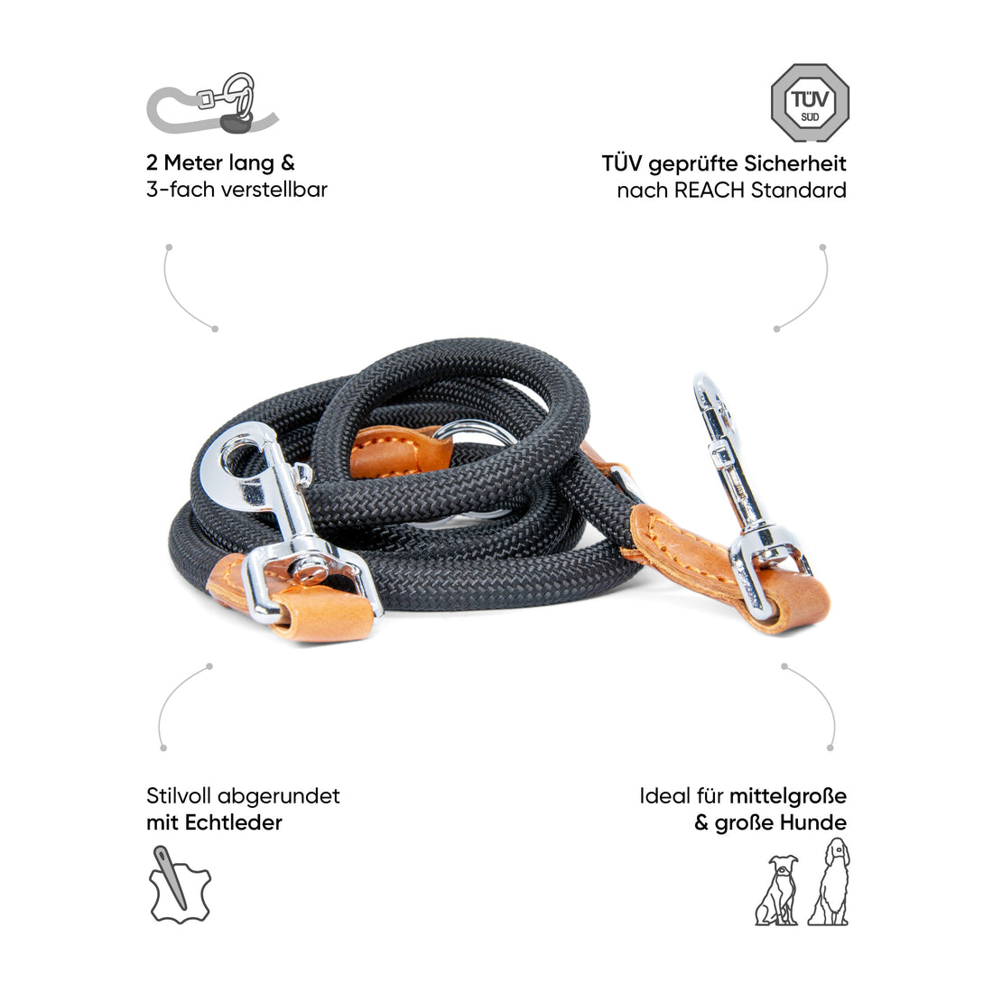 Runde Hundeleine in 2m & 3m - Model Harmony in Schwarz