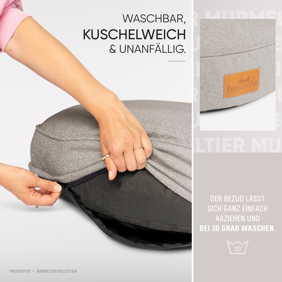 Rundes Orthopädisches Hundebett - Murmeltier in Dunkelgrau