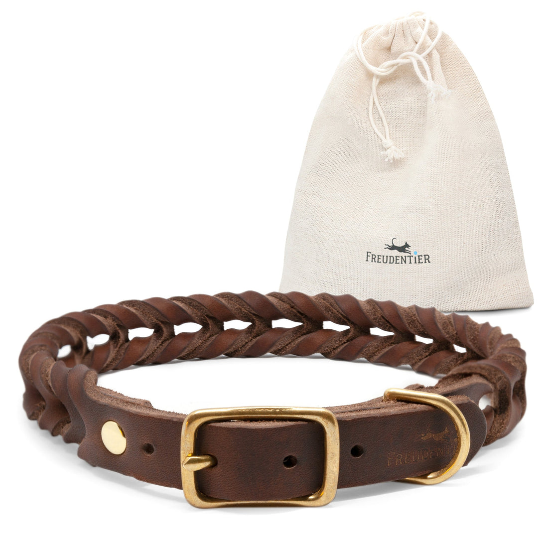 Hundehalsband geflochten aus Fettleder - Handmade in Holland - Halsband Hund in braun mit gold