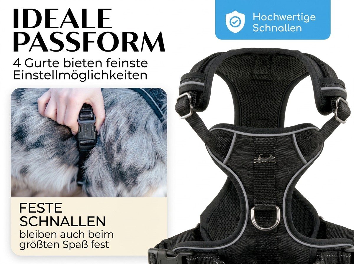 Ideale Passform: 4 Gurte, feste Schnallen