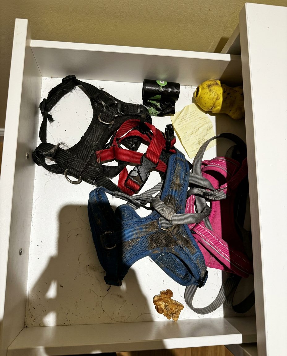 Schublade voller aussortierter Hundegeschirre