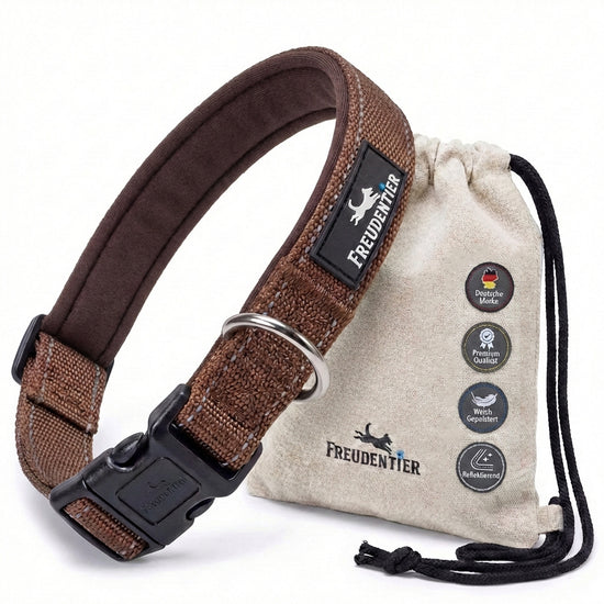 Hundehalsband - gepolstert, leicht & refletierend - Halsband Hund - Freudentier - braun