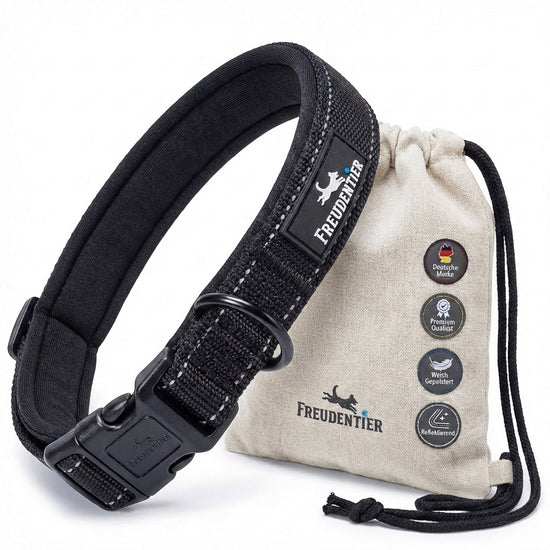 Hundehalsband - gepolstert, leicht & refletierend - Halsband Hund - Freudentier - schwarz